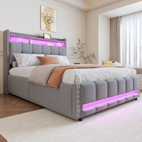 140x200 cm Bettkasten mit LED-Beleuchtung und USB-Anschluss, Doppelbett für Erwachsene mit Regalen und Stauraum, Leinenstoff, hellgrau
