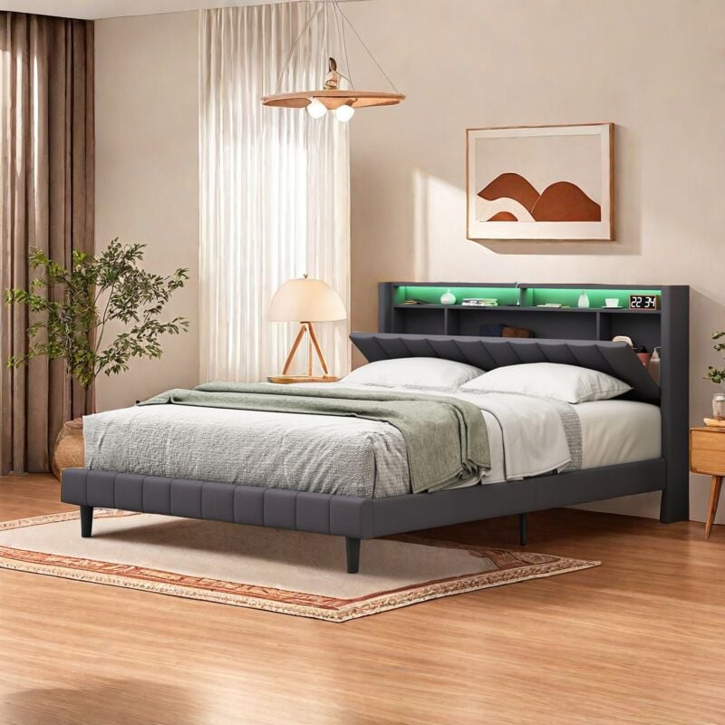 160x200 cm Lit double LED,Lit rembourré avec chargeur usb et Type C,rangement en tête de lit,lit adulte,sommier à lattes,gris
