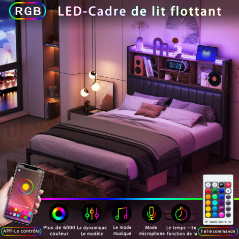 140x200cm Letto imbottito in ferro retrò con cassetti, testiera in legno a LED con libreria e porte di ricarica USB, con cassetti, design industriale, similpelle nera, senza materasso