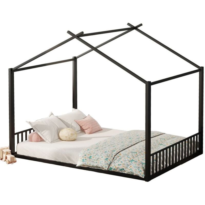 Gutent - 140x200cm lit plat, lit à cadre en fer, lit d'enfant, barre de maison, noir