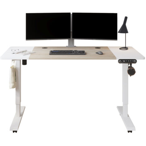 140x60cm Bureau Assis-Debout Réglable en Hauteur Électrique Structure en Acier, 69-115cm Avec 4 Claviers à Mémoire Automatique，Chêne/Blanc