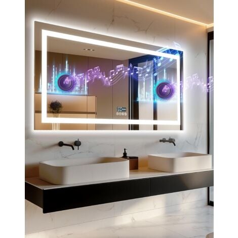 LUVODI 140x70cm Specchio Digitale Bluetooth Musica Bagno LED Luce Specchio Luminoso per Bagno Retroilluminato + Frontale Luce