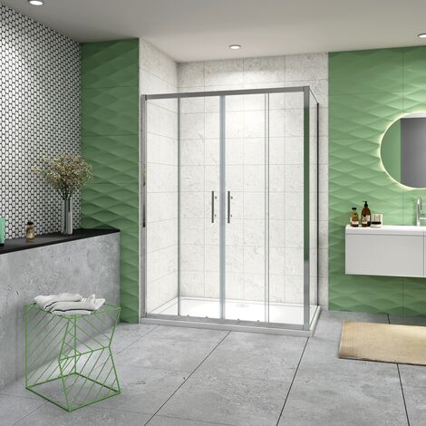 140x76x185 cm Box Doccia Angolare Porta Scorrevole con Parete Fissa Vetro 5 mm Ingresso Centrale Temperato Trasparente Profilo Cromato Lucido