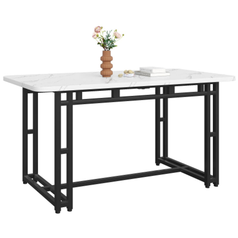 Table à manger carée noire-blanche avec plateau en aspect marbre et structure en métal, pour salle à manger et salon, 120x80x74 cm