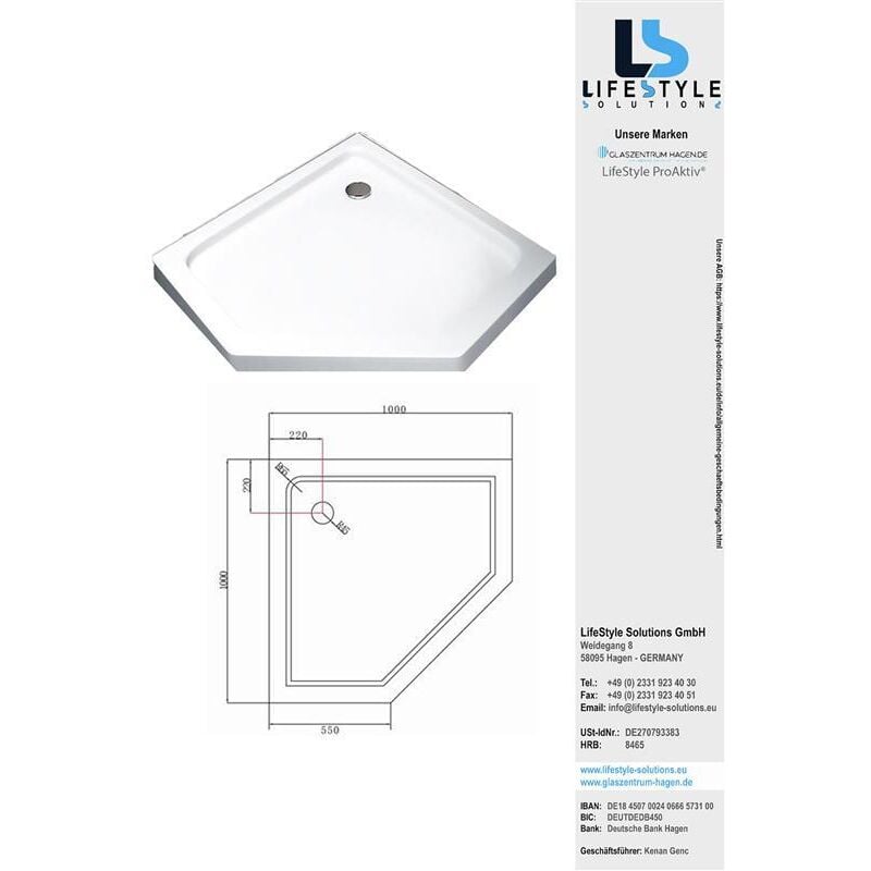 Acryla' 100x100x5 cm Receveur de douche plat blanc - pentagone - Glaszentrum Hagen