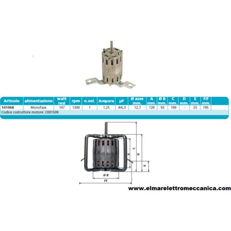 141968 147 W 1300 Giri Motore Elettrico Monofase Ventilatore Centrifugo Assiale