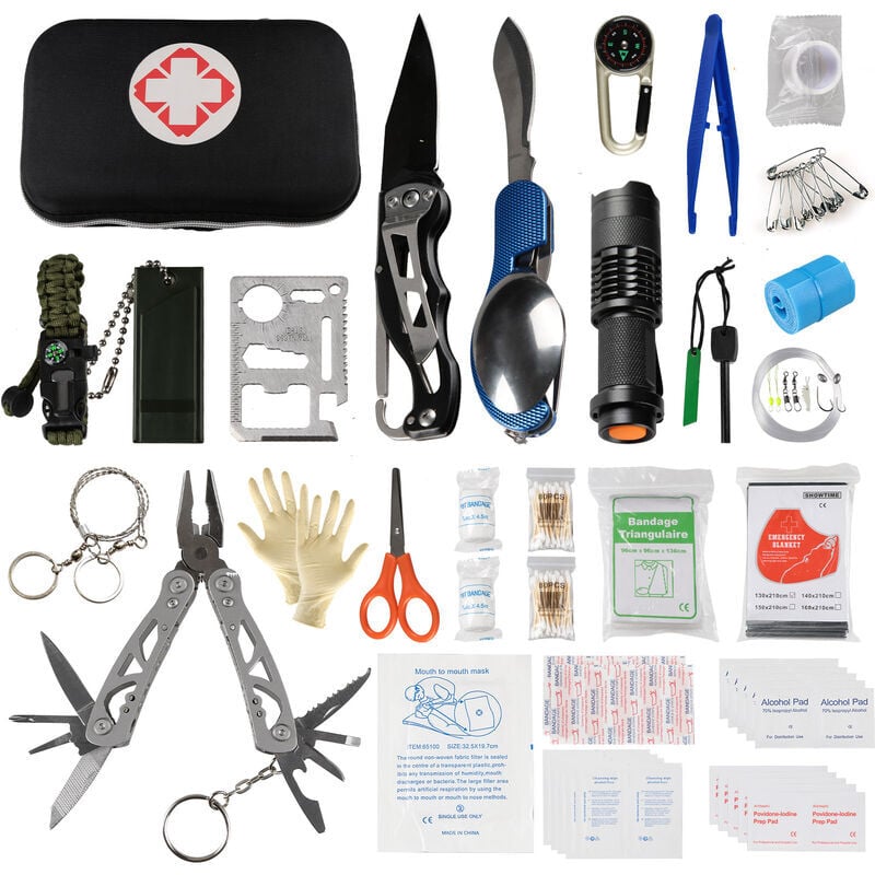 141PCS Kit de survie Équipement d'urgence Trousse de premiers soins Équipement de survie en plein air Fournitures d'urgence pour randonnée Camping