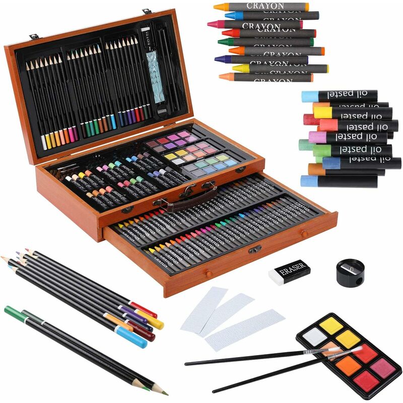 

142 pcs Estuche de Pinturas para Niños, con Maletín de Madera, Incluye Lápices de Cera, Acuarelas, Lápices de Colores, Pasteles al Óleo, Pasta de