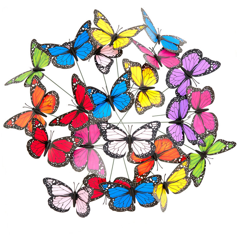 Ornamental Garden Butterflies, Set of 36, Flowerpot Decoration, Decorative Outdoor Butterfly Stakes, Metal Sticks, pvc, Multicoloured - Relaxdays