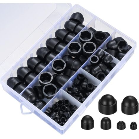 DHKLFA 145 Pièces Cache Boulons Capuchon à Vis, Plastique Écrous Dôme, Ecrou Protection Hexagonal, Boulons Capuchon Écrou de Boulons Noir pour Machines Meubles Véhicules - M4/M5/M6/M8/M10/M12