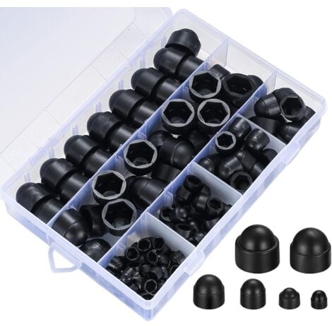 DHKLFA 145 Pièces Cache Boulons Capuchon à Vis, Plastique Écrous Dôme, Ecrou Protection Hexagonal, Boulons Capuchon Écrou de Boulons Noir pour Machines Meubles Véhicules - M4/M5/M6/M8/M10/M12