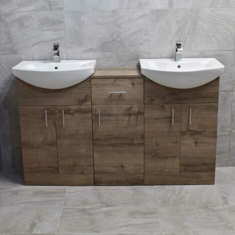 1450mm Double Vanity Basin Sink Unit Set Bathroom Storage Walnut Oak Finish, With Tap & Waste Pack