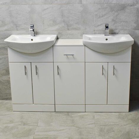 1450mm Double Vanity Sink Unit White Gloss Finish Two Basins Bathroom Storage, With Tap & Waste Pack