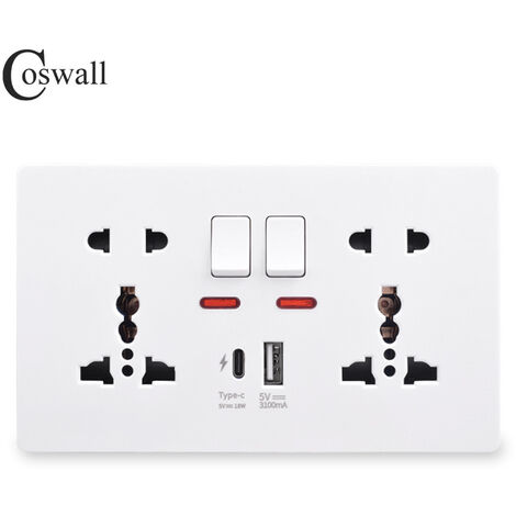 146PC 13A Switched Socket with Outboard Rockers and Dual USB (A+C) 5V,Multifunctional 5-hole Fast Charging Socket,White