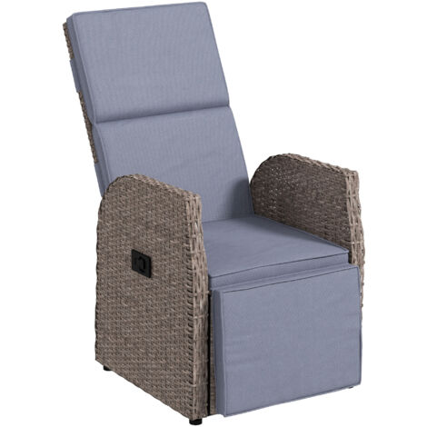 148° Reclining Rattan Garden Armchair, with Footrest - Brown/Grey