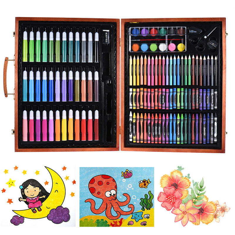 

148pcs Juego de arte de lujo para ninos con estuche de madera Marcadores de colores Lapices Crayones Pasteles al oleo Suministros de pintura de