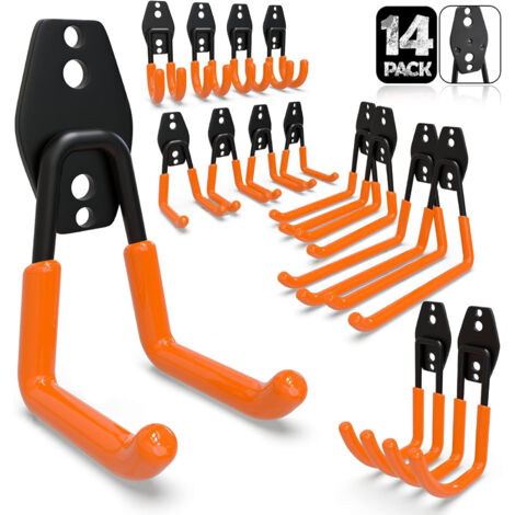 14PC Garagenwandhaken, Garagenaufbewahrung, starker Stahlwandhaken für Leiter, Fahrräder, Rohre, Elektrowerkzeuge (Orange)