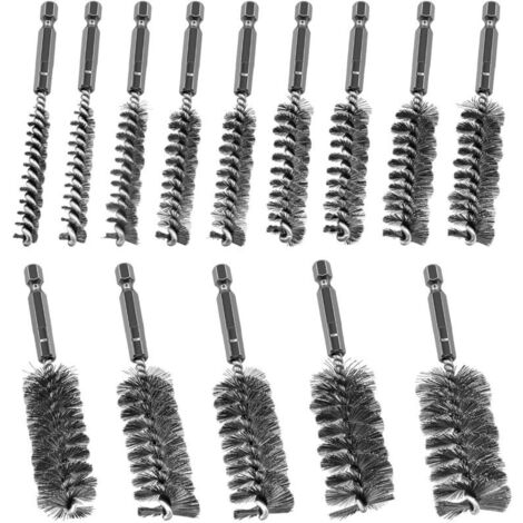 14Pcs Brosses métalliques pour perceuse, 8-25 mm brosse cylindrique en acier inoxydable, avec tige hexagonale, brosse de chaudière pour ponceuse à percussion