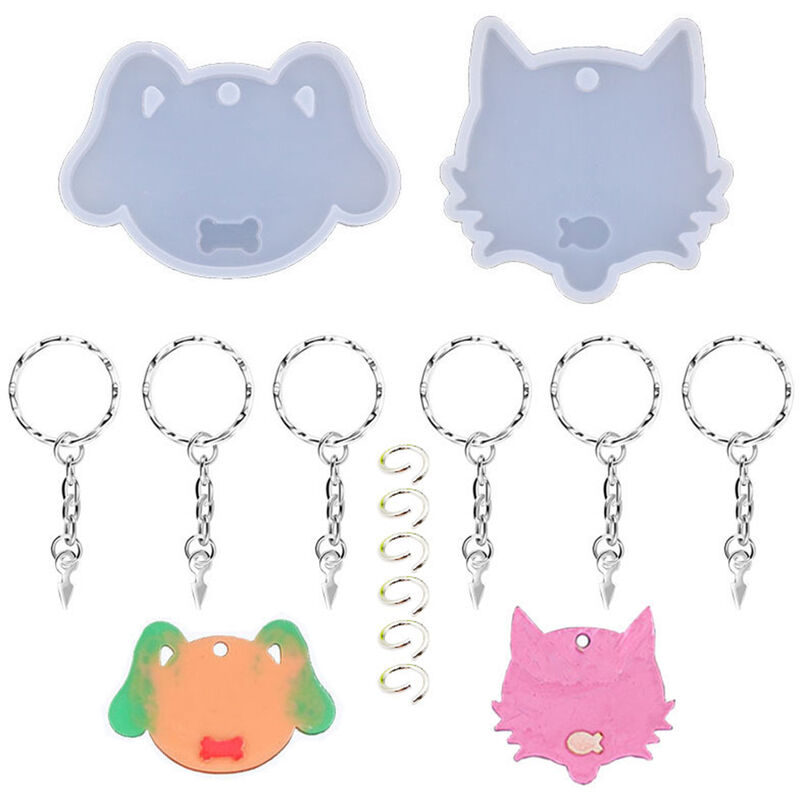14PCS Cat and Dog Shape Silicone Mold Cat and Dog Tag Resin Keychain Molds with Key Chains for DIY Crafts Making,model:Multicolor