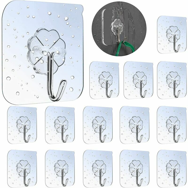 15 crochets adhésifs, crochets adhésifs transparents imperméables pour peignoir, serviette, manteau, clés et ustensiles de cuisine