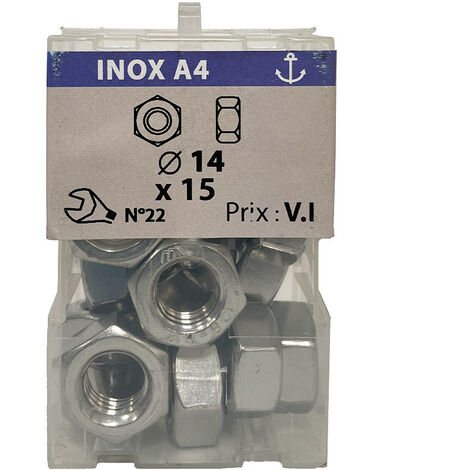 15 écrous hexagonaux Ø 14mm inox A4 - Vissal