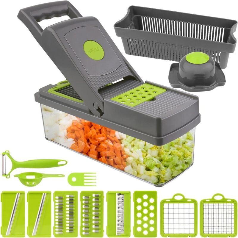 15 en 1 Coupe legumes Multifonctions, Mandolines de Cuisine avec 8 Lames en Remplaçables Pour émincer, Râper et Broyer Les Légumes, avec Séparateur