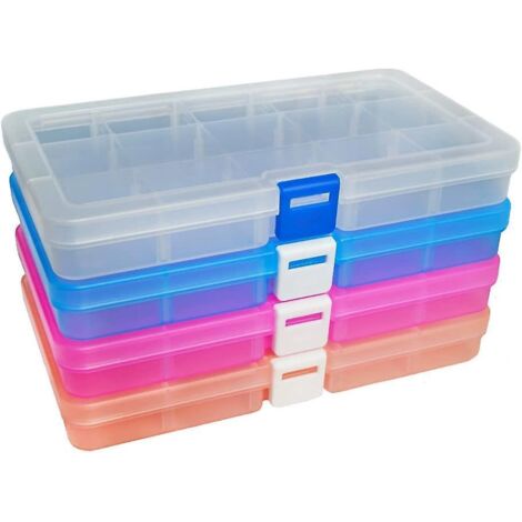 15 Fächer x 4er-Pack, 4 Farben, verstellbare Aufbewahrungsbox aus Kunststoff für Schmuck und Werkzeug, Mehrzweckbehälter