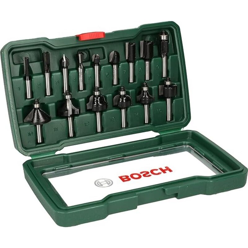 Bosch - Set Da 15 Pezzi Di Frese In Metallo Duro, Per Legno, 45 x 40 x 25 Cm, Verde
