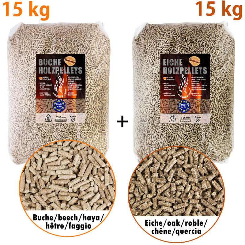 Flameup - 15 kg de Granulés Pellets de Chêne + 15 kg de Granulés Pellets de Hêtre Granulés de bois bbq Gril Fumée Copeaux