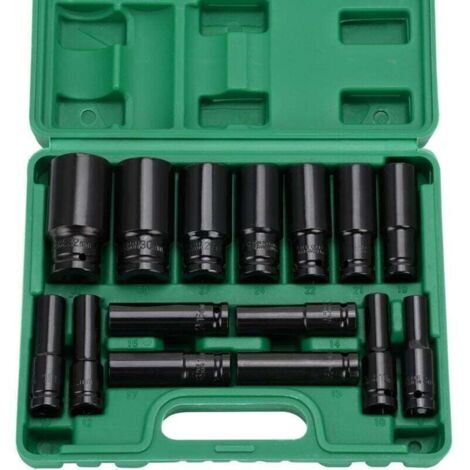 15 pcs 1/2" Douille a Choc, 8-32mm Coffret Douilles Longue Douille, Adaptateurs de Clé, Réparation de Voitures, Remplacement de Pneus, Réparation d'Appareils Électroménagers