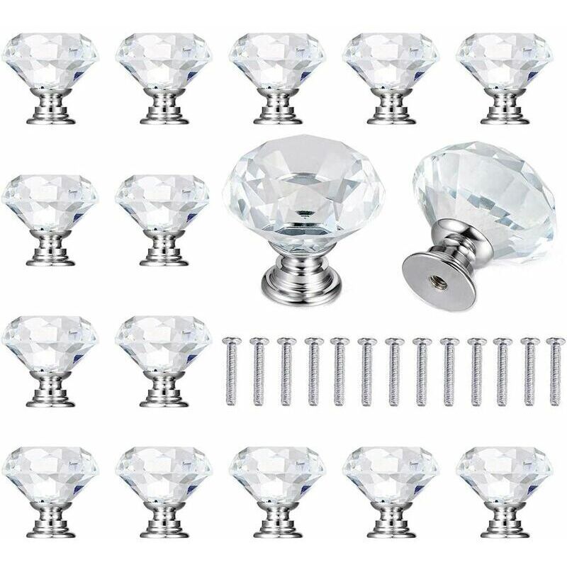 VURAHOME - 15 Pcs Bouton de Meuble Diamant avec Vis, Portes Meuble Tiroir Placard Décoration, 30mm Poignées Boutons Transparent Diamant Cristal Verre