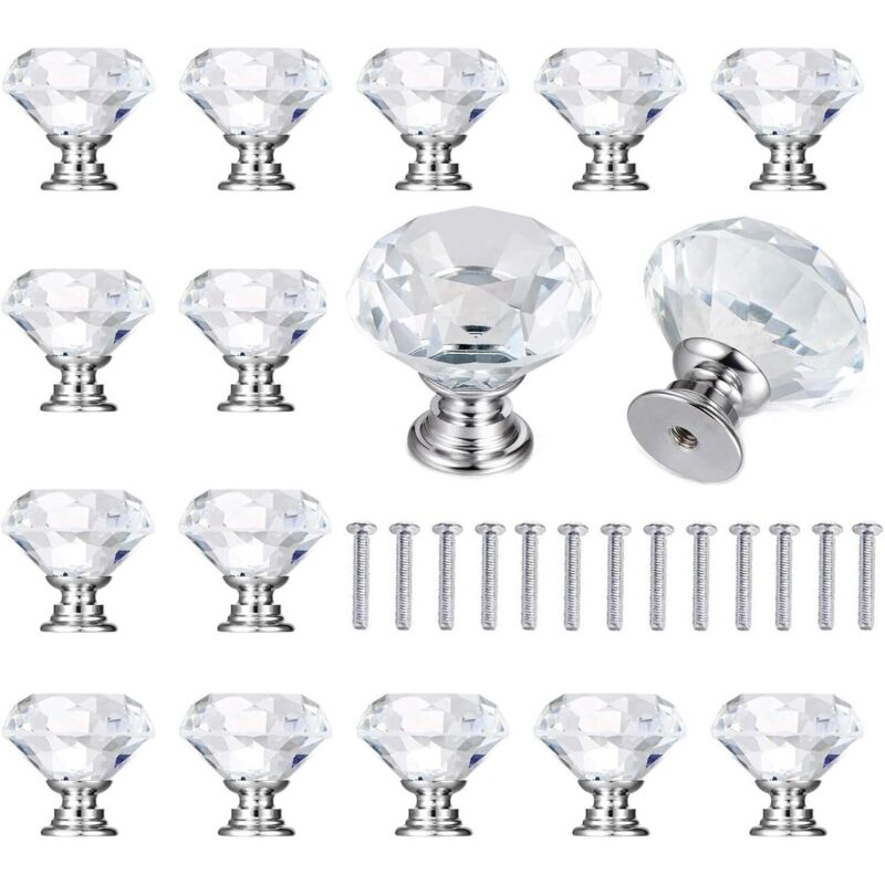 Dpzo - 15 Pcs Boutons de Meuble Diamant, Poignées Transparentes en Cristal pour Tiroirs et Placards