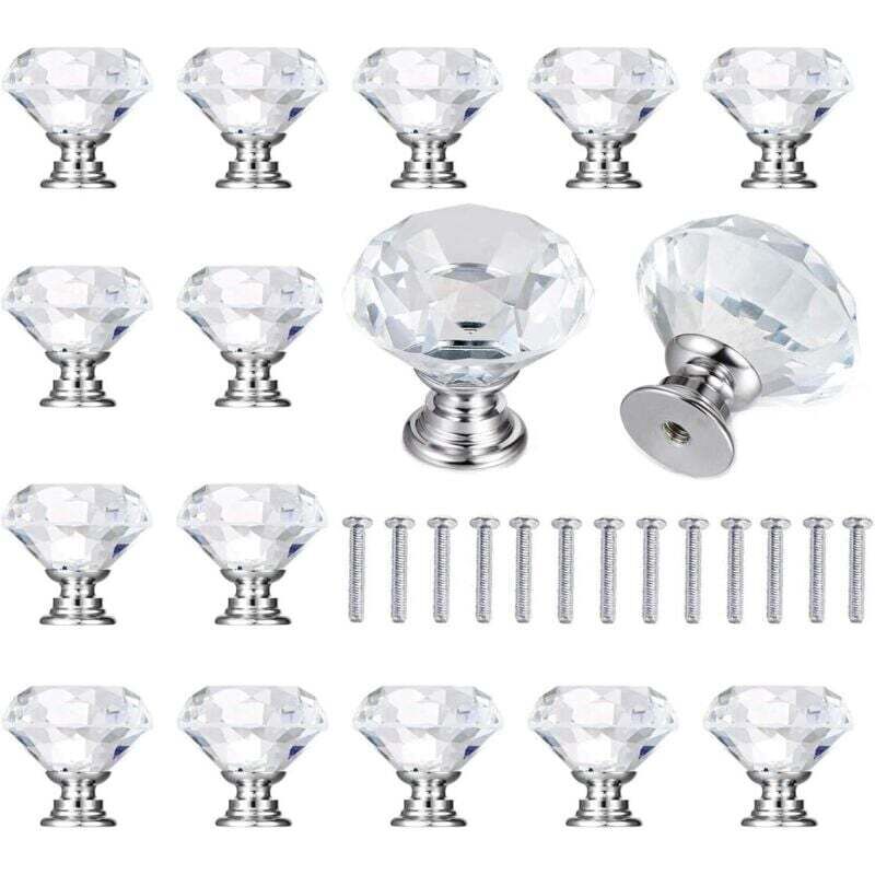 15 Pcs Boutons de Meuble Diamant, Poignées Transparentes en Cristal pour Tiroirs et Placards