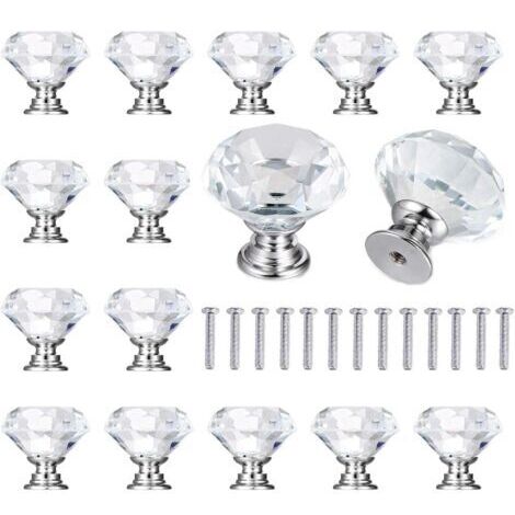 15 Pcs Boutons de Meuble Diamant, Poignées Transparentes en Cristal pour Tiroirs et Placards
