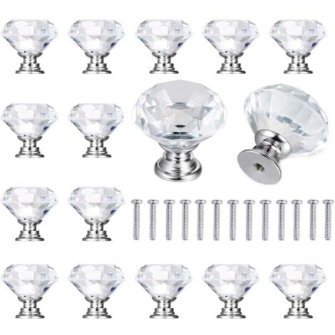 15 Pcs Boutons de Meuble Diamant, Poignées Transparentes en Cristal pour Tiroirs et Placards