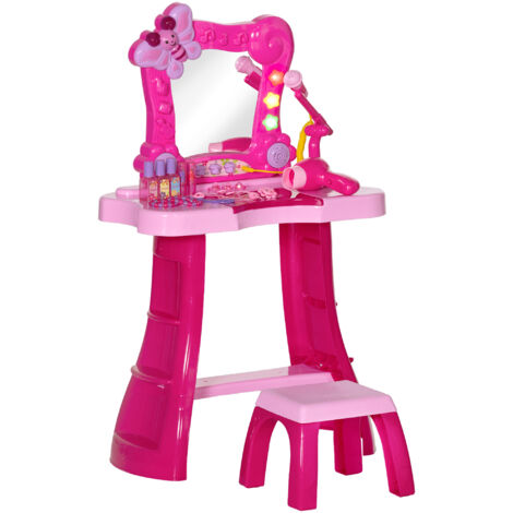 15 PCS Coiffeuse enfant avec tabouret et miroir, lumière, musique, microphone, sèche-cheveux, espace de rangement