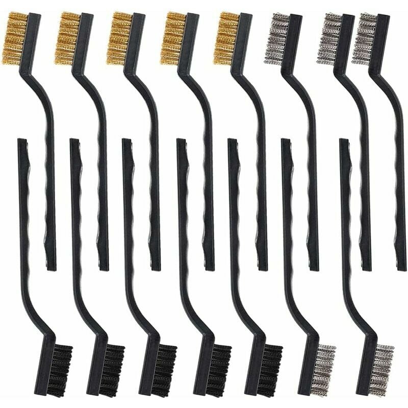 15 pcs Wire Brush Set, Masonry Brush with Stainless Steel, Brass and Nylon Bristle Curved Handle for Cleaning Welding Slag and Rust, 5 pcs Per Type