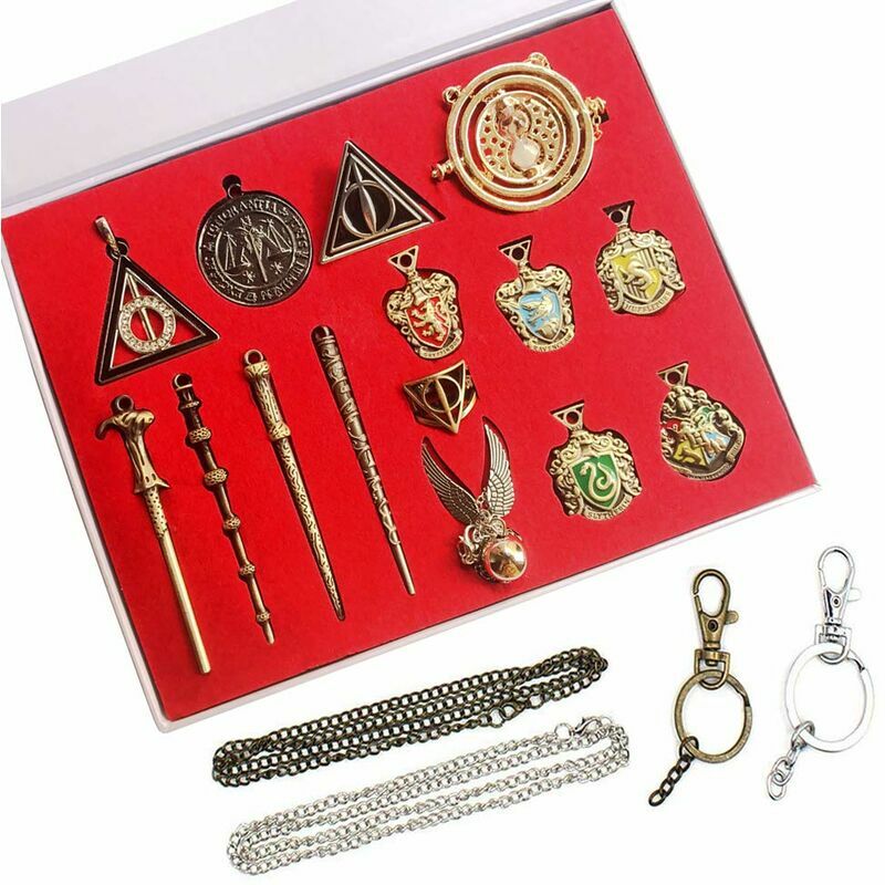 Lucky-88 - 15 pièces Baguettes Magiques Hermione Collieravec Retourneur de Temps Turner Pendentifs Porte-clés et Insignes d'école pour Enfants