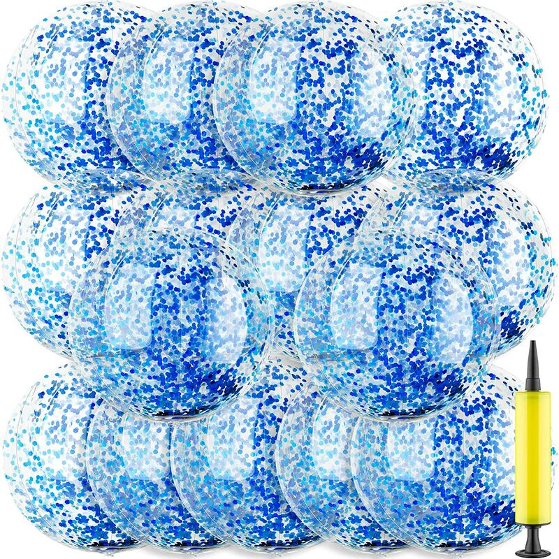 15 Pièces Ballons de Plage Gonflables Ballons de Plage Confettis à Paillettes Bleues avec Pompe 16 Pouces Ballon de Piscine Transparent Flottant