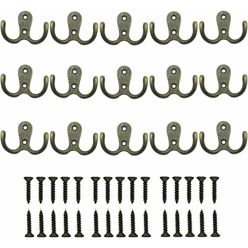 Harry - 15 Pièces Double Métal Crochets et patères Rangement avec Vis pour la maison, étagères, tiroirs, Casiers, bain - Rétro