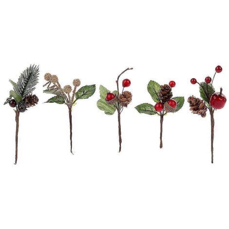 15 pics décoratifs rouges de Noël, baies et pommes de pin, avec branches de houx, pour une décoration florale festive.