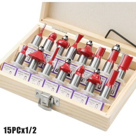 15-Piece Router Bit Set - Wooden Box Packaging - Professional Woodworking Tools - 1/2
