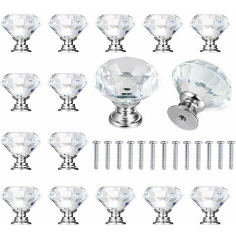 15 Pieces Diamond Cabinet Knobs with Screws, Cabinet Drawer Cupboard Decoration Doors, 30mm Knobs Transparent Diamond Crystal Glass Knobs Cabinet Drawer Cabinet Doors Decoration (Transparent)