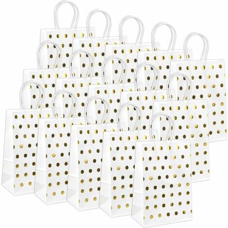 15 Pieces Kraft Bag, 21 x 15 x 8 Cm Kraft Paper Gift Bags, White Gift Bag, Hot Stamped Kraft Paper Gifts with Round Golden Dots, Shiny Paper Gift Bag for Christmas, Birthday
