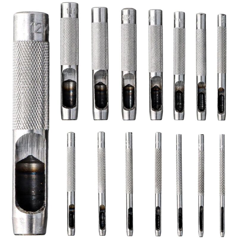 15 Pièces Poinçon Creux en Cuir, Poinçon Creux en Acier, 1.5-12mm Poinçons Ronds Outil de Coupe, Coupe Perforateur de Cuir pour le Cuir, Bande de