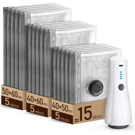 15 Pièces Sac Sous Vide Vêtement Aspirateur avec Pompe à Vide Rechargeable [-5000PA Aspiration & 80% d'Espace Gagné], Sac Compression Voyage Portable Housse Aspirable Rangement pour Literie