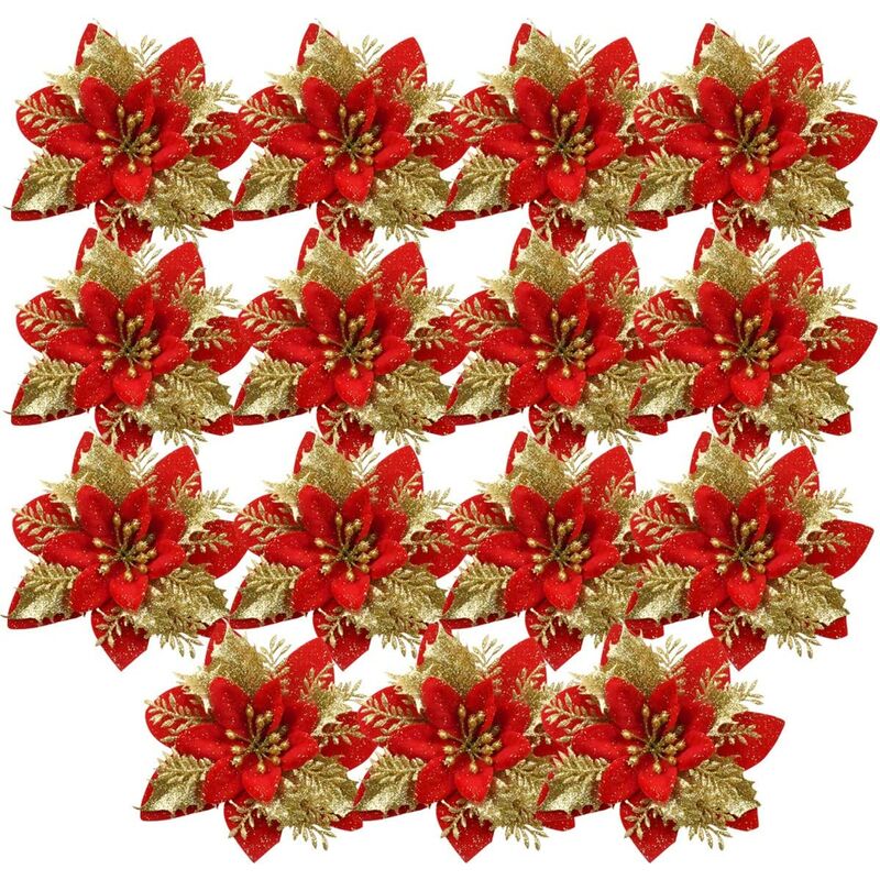 

15 piezas de poinsettia artificial Navidad decoración de Navidad flores artificiales, adornos de árbol de Navidad decorativos para corona de Navidad,