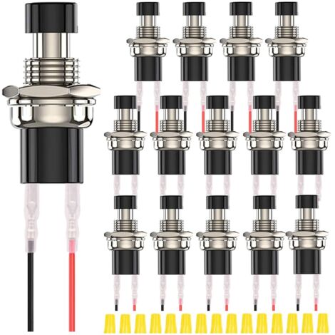 15 pulsadores redondos mini negros de 7 mm, 1 A, 250 V CA, 2 pines SPST, encendido y apagado, momentáneos, con terminales de bloqueo y tapa de cableado para coche y barco