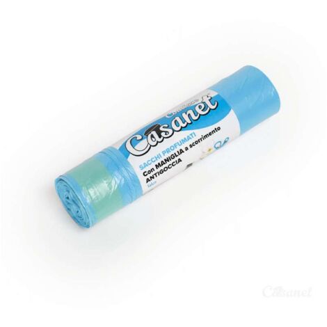 15 sacchi per la spazzatura azzurri con maniglia e profumo Talco 55 x 65 cm