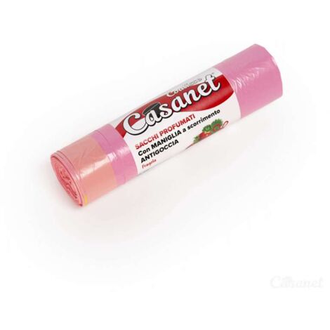 15 sacchi per la spazzatura rosa con maniglia e profumo Fragola 55 x 65 cm